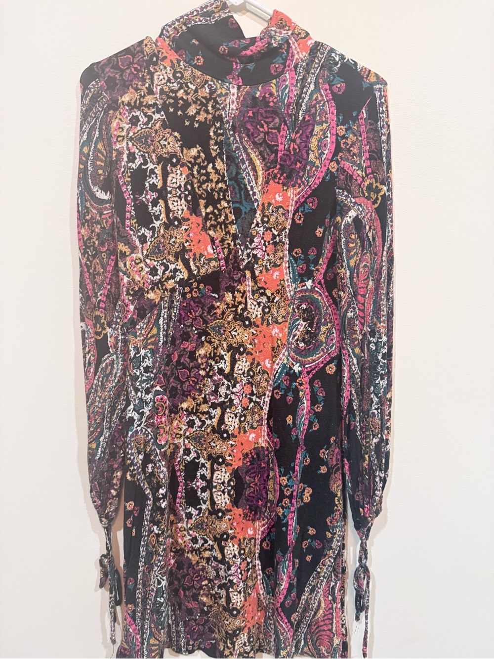 Free People Black Paisley Mini Dress with Pink & Gold Details